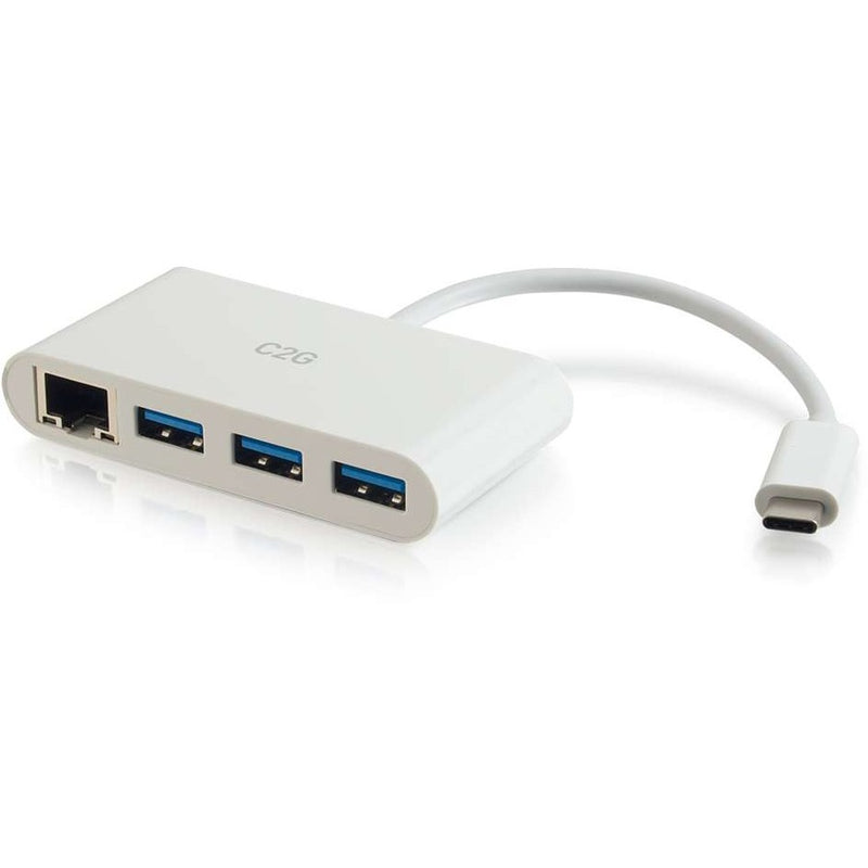 White USB-C multiport adapter showing Ethernet port and three USB 3.0 ports in a front-angled view