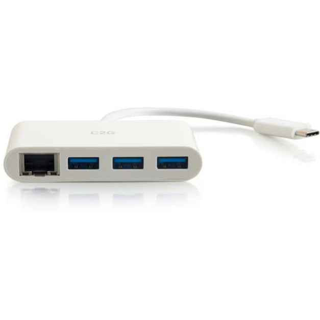 Side view of white USB-C multiport adapter showing port arrangement and slim profile