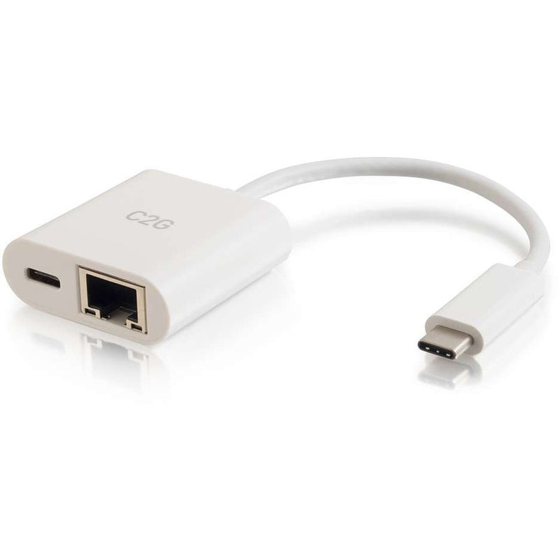 White C2G USB-C multiport adapter showing Ethernet port and USB-C connector with integrated cable