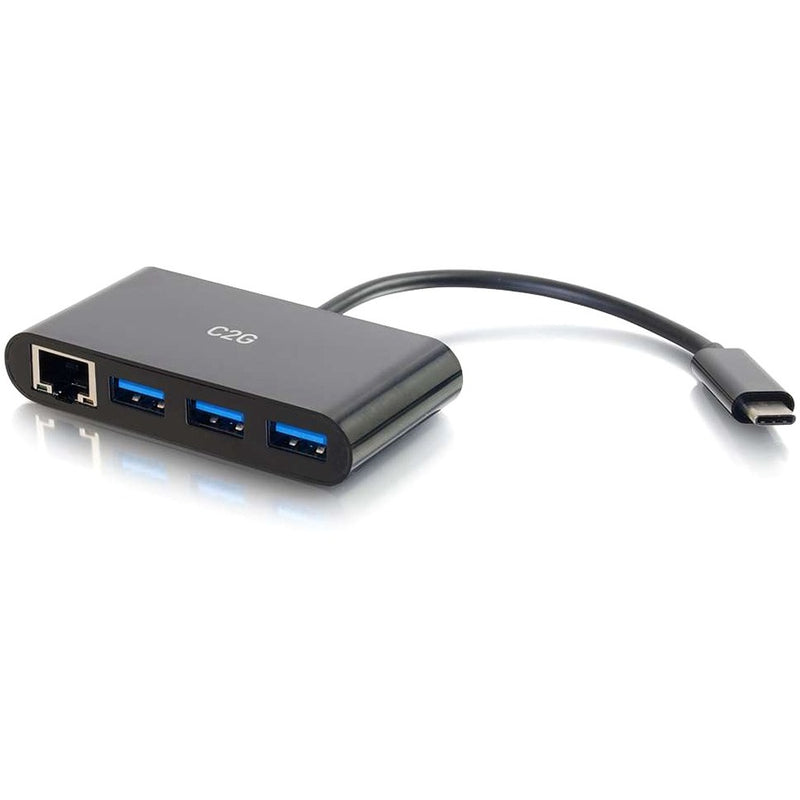 C2G USB-C multiport adapter showing Ethernet port and three USB 3.0 ports in black finish