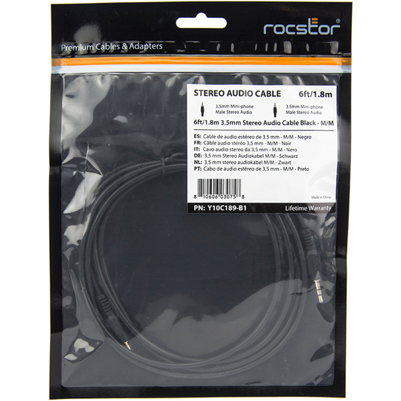 Rocstor Y10C189-B1 Premium 6 ft Schlankes 35 mm Stereo-Audiokabel vergoldet Schwarz