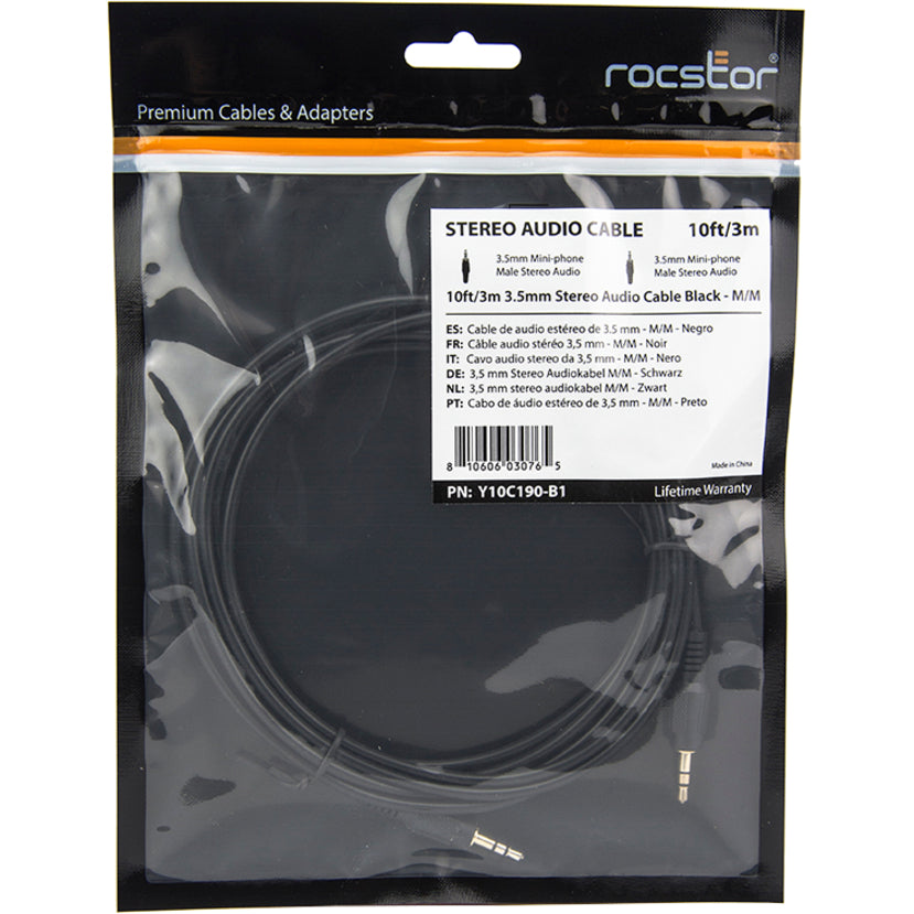 Rocstor Y10C190-B1 Premium 10 ft Slim 3.5mm Stereo Audio Cable, Gold Plated, Black