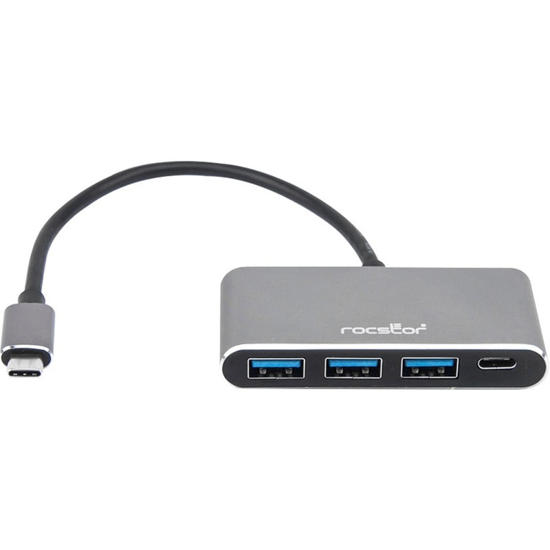 Front view of Rocstor USB-C hub adapter with three USB-A ports and one USB-C port