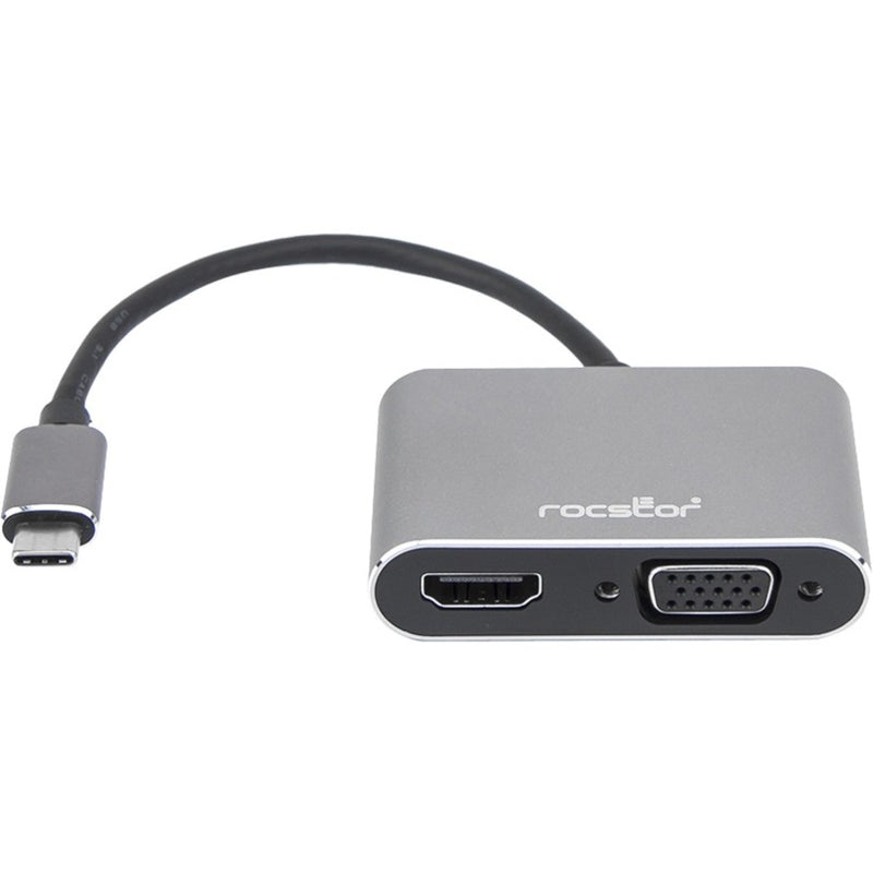 Front view of Rocstor USB-C to HDMI and VGA adapter showing port configuration