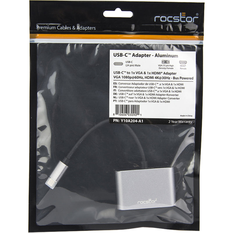 Retail packaging front view of Rocstor USB-C adapter with specifications