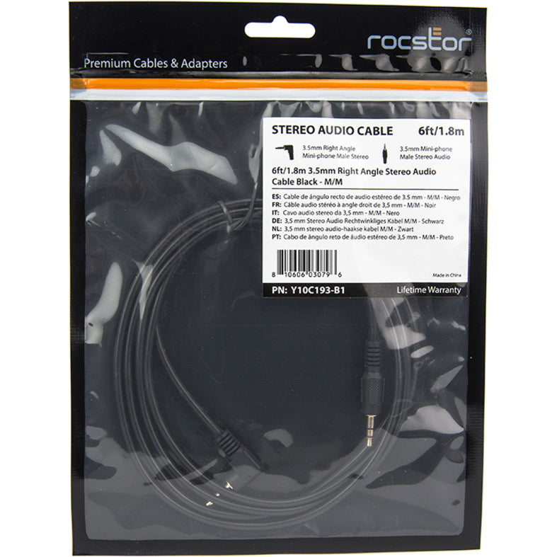 Rocstor Y10C193-B1 Premium 6 ft Slim 3.5mm Stereo Audio Cable, Right-Angle Connector, Black