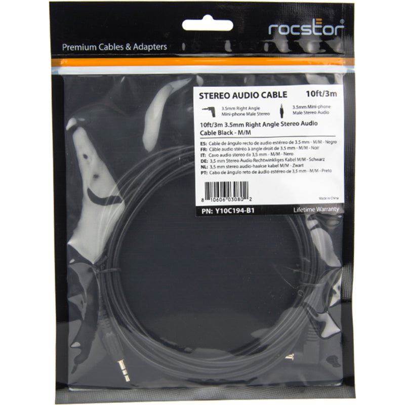Rocstor Y10C194-B1 Premium 10 ft Slim 3.5mm Stereo Audio Cable, Right-Angle Connector, Black