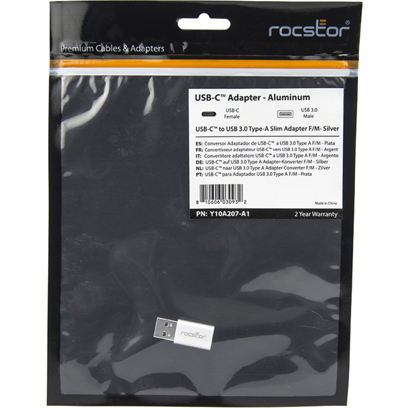 Rocstor USB adapter retail packaging with multi-language product information