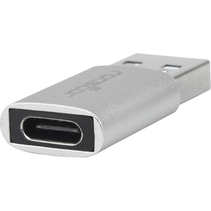 Close-up of USB-C female port on silver adapter