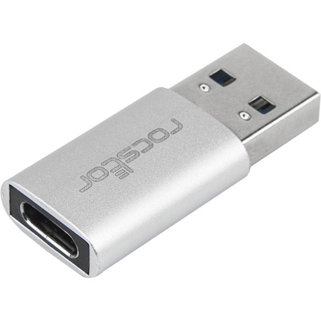 Close-up view of silver aluminum Rocstor USB Type-A to USB-C adapter showing USB port