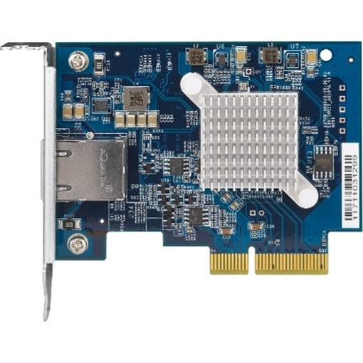 QNAP QXG-10G1T 10 Gigabit Ethernet network card showing blue PCB board with aluminum heatsink and RJ-45 port