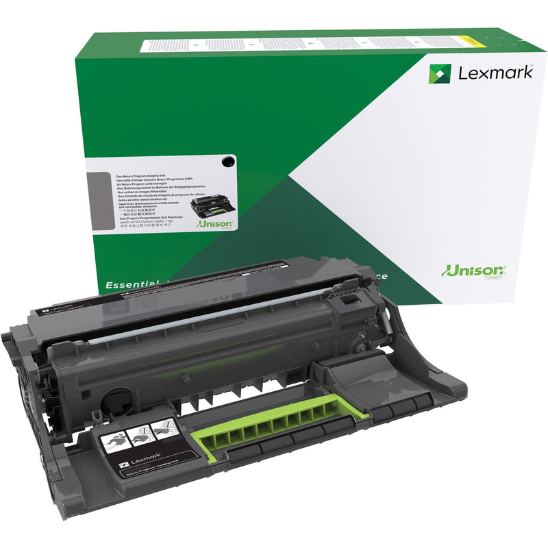 Lexmark 56F0Z00 Return Program Imaging Unit showing the black drum unit with green packaging and Unison toner branding