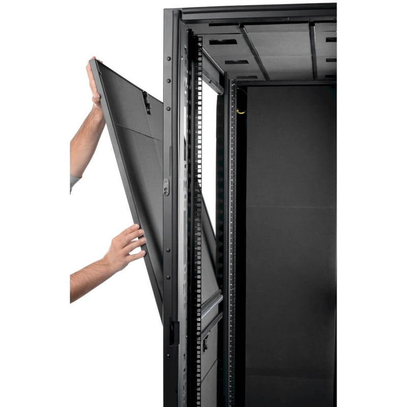 Demonstration of tool-free panel removal system on server cabinet