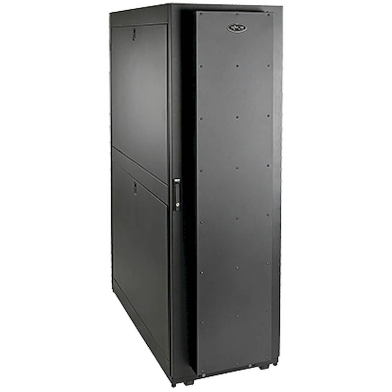 Side view of Tripp Lite SRQP42UB 42U quiet server rack cabinet showing sleek black exterior and sound-dampening panels-alternate-image1