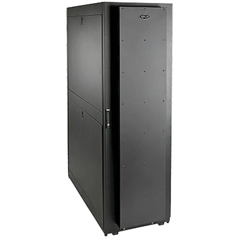 Side view of Tripp Lite SRQP42UB 42U quiet server rack cabinet showing sleek black exterior and sound-dampening panels