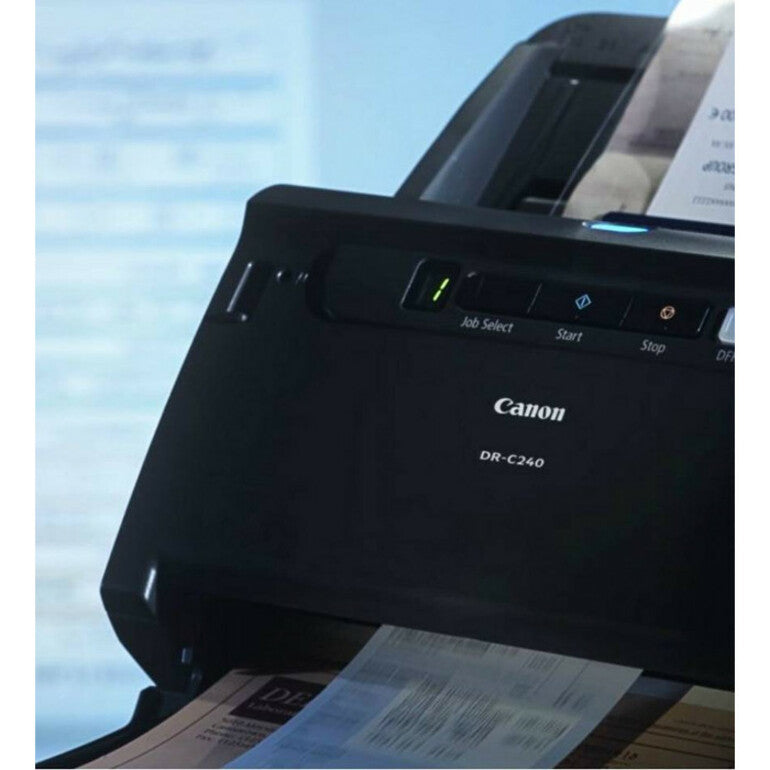 Close-up detail of Canon DR-C230 interface and scanning process