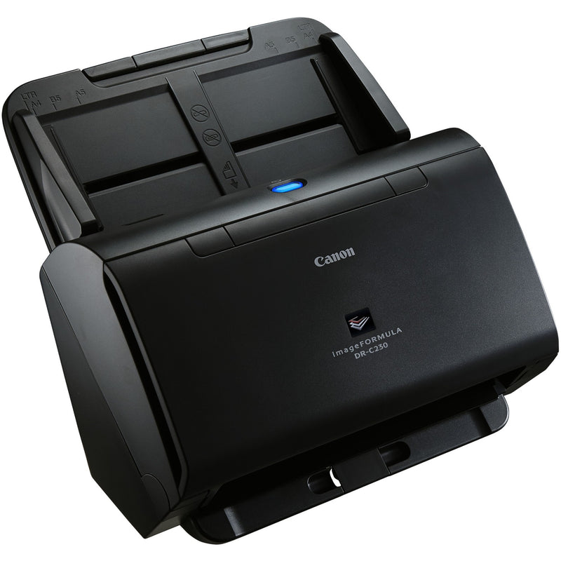 Angled view of Canon DR-C230 scanner showing document feed path and LED indicators