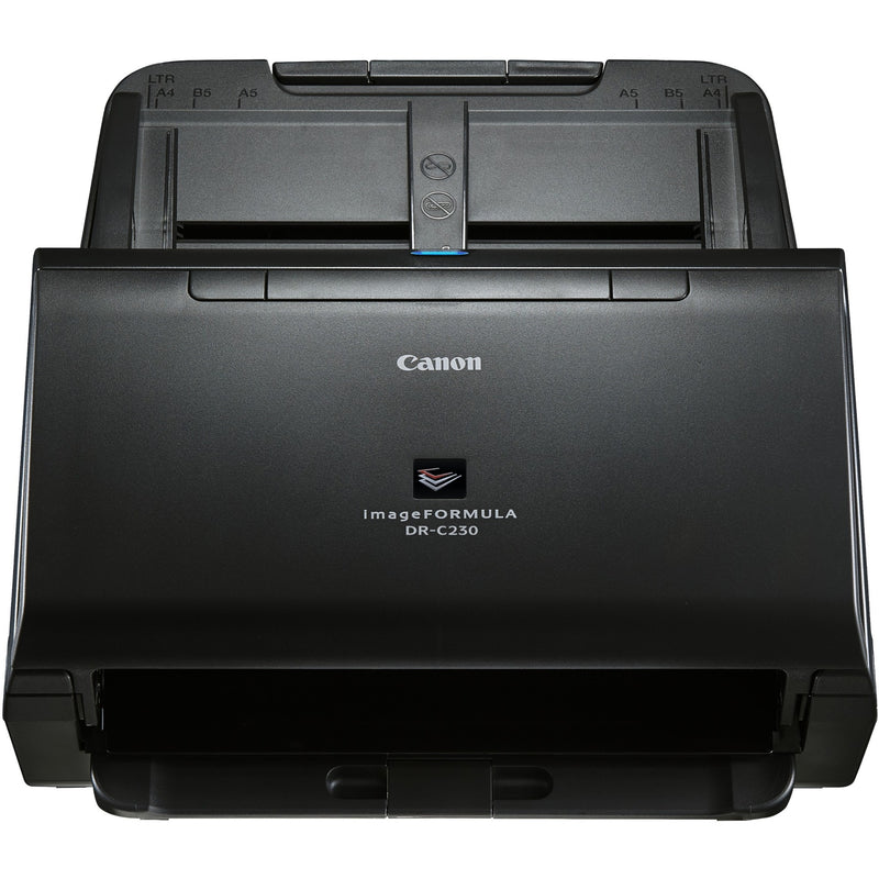 Front view of Canon imageFORMULA DR-C230 document scanner showing paper feed tray and control panel