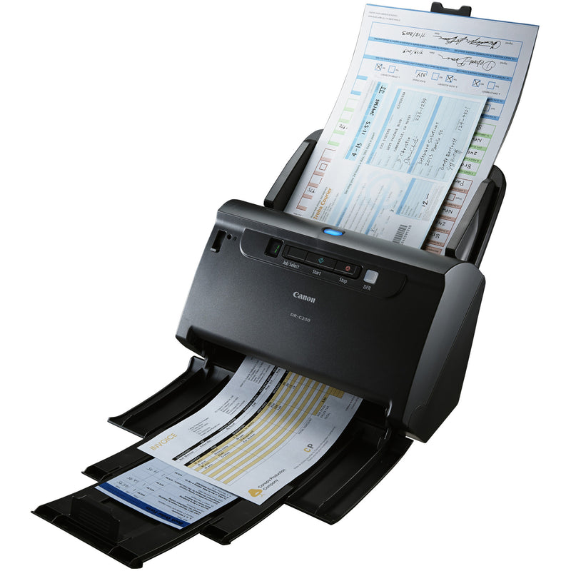 Canon DR-C230 scanner processing multiple documents showing feed mechanism