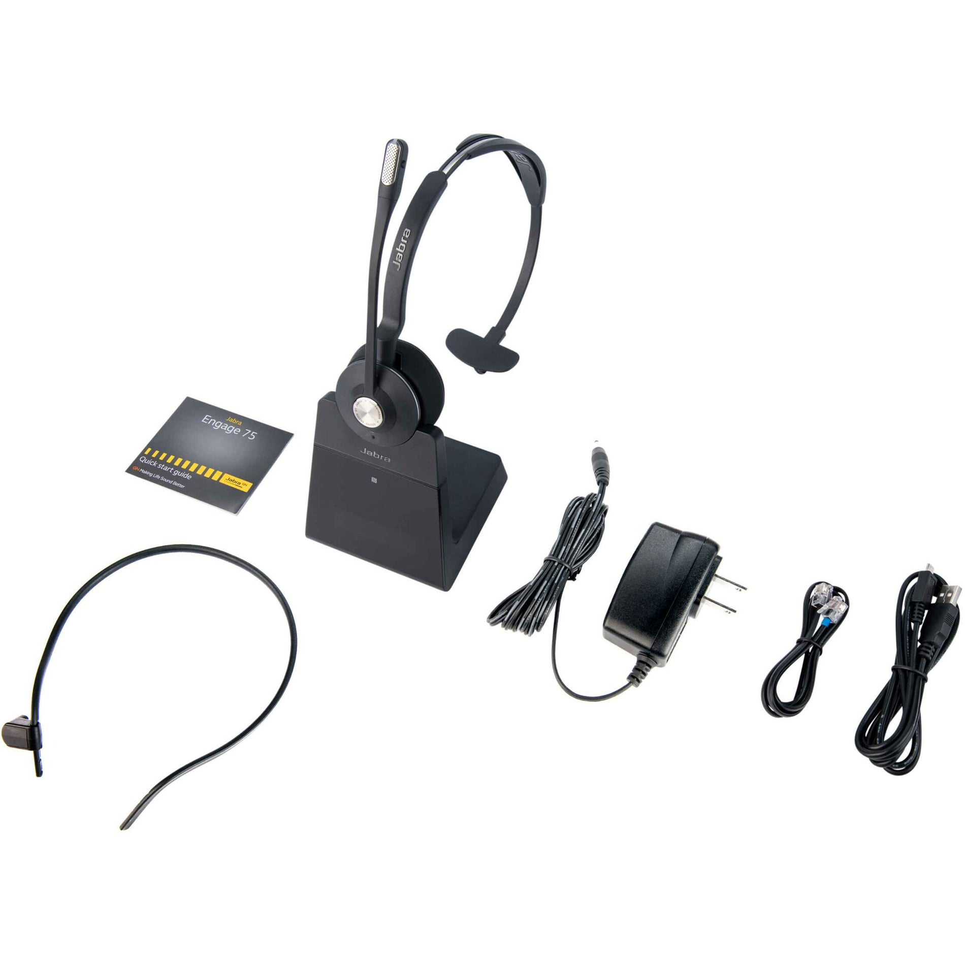 Complete Jabra Engage 75 Mono package contents including headset, base, and accessories-alternate-image6