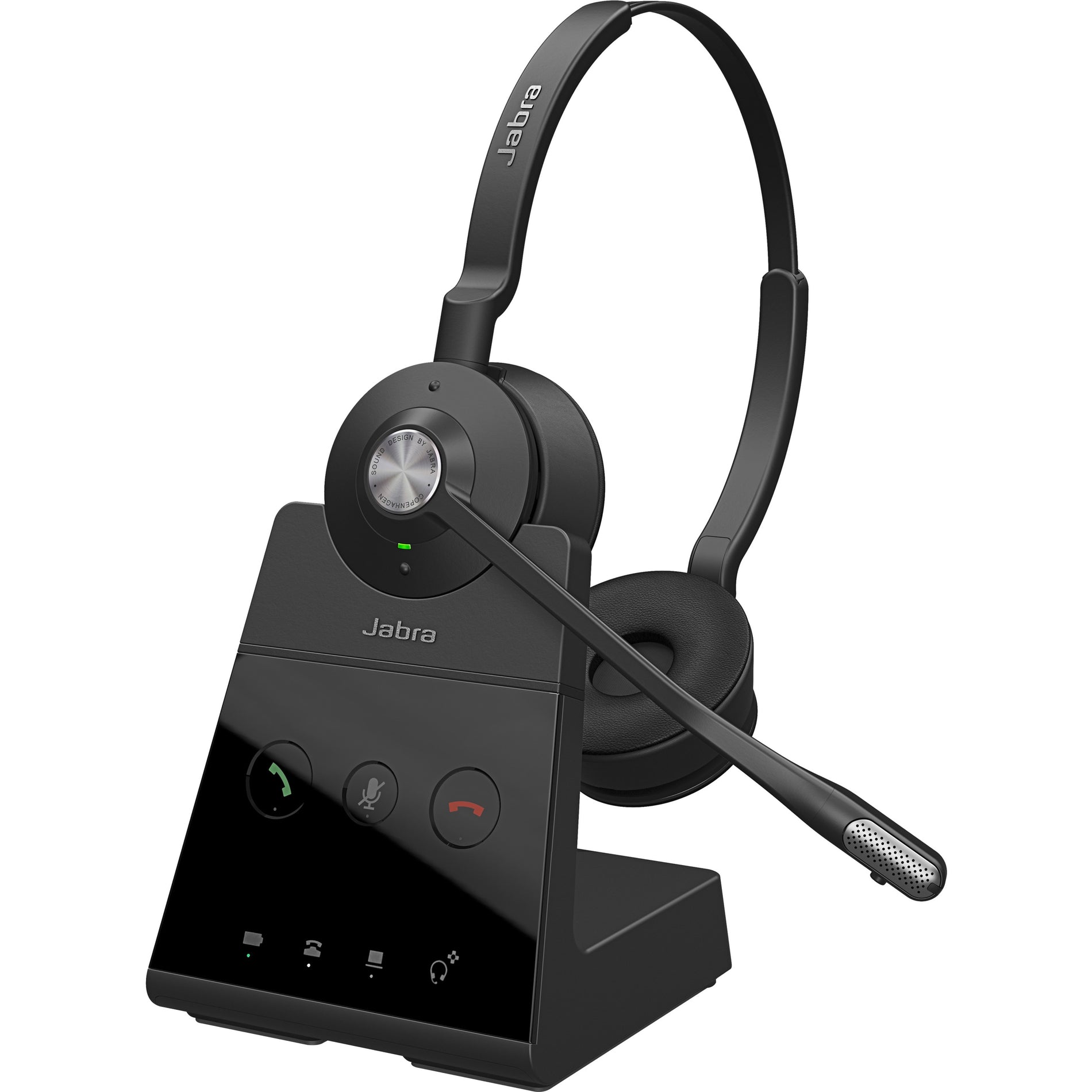 Jabra Engage 65 Stereo headset with charging base station showing control buttons and status indicators-alternate-image1