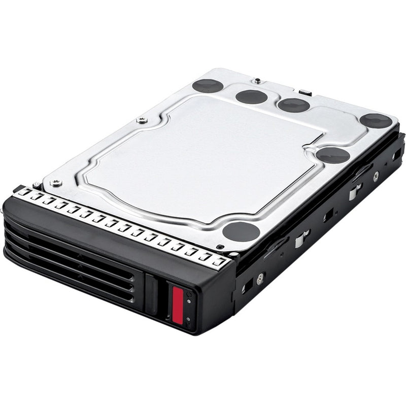 Buffalo 8TB internal hard drive with hot-swap carrier featuring silver top plate and black enclosure with red release tab