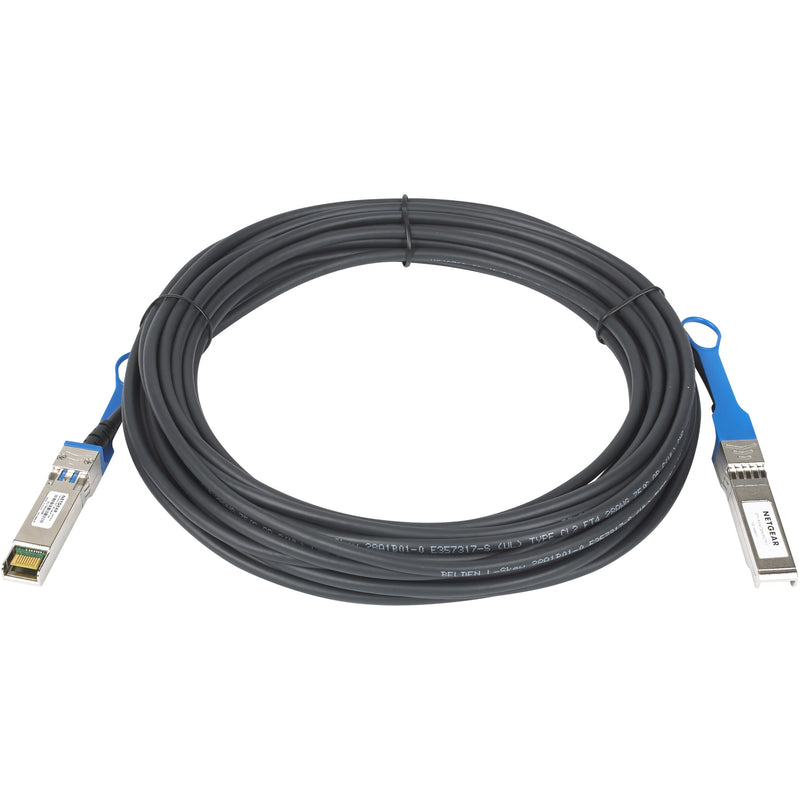 Netgear AXC7610 10-meter active SFP+ direct attach cable with blue pull tabs and black twinaxial cable