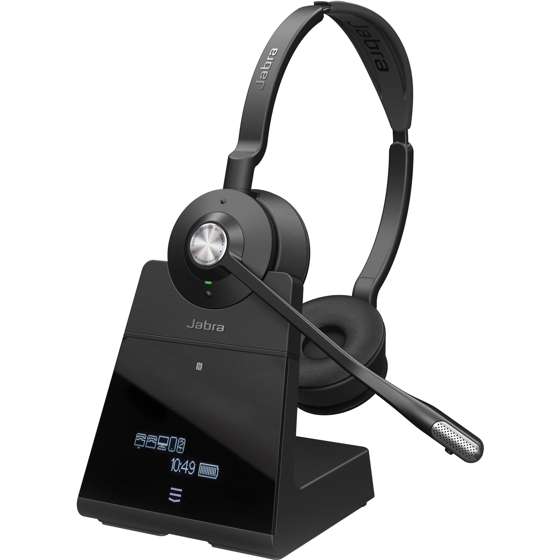 Jabra Engage 75 Stereo headset with charging base station showing LED display-alternate-image1