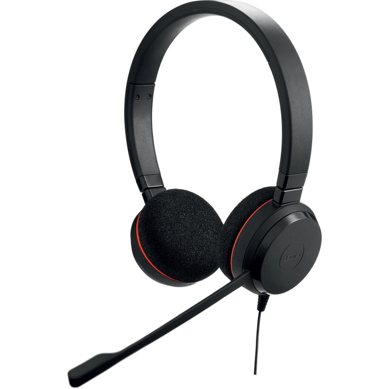 Jabra EVOLVE 20 UC stereo headset with boom microphone, featuring black design with red accent ring and USB connectivity