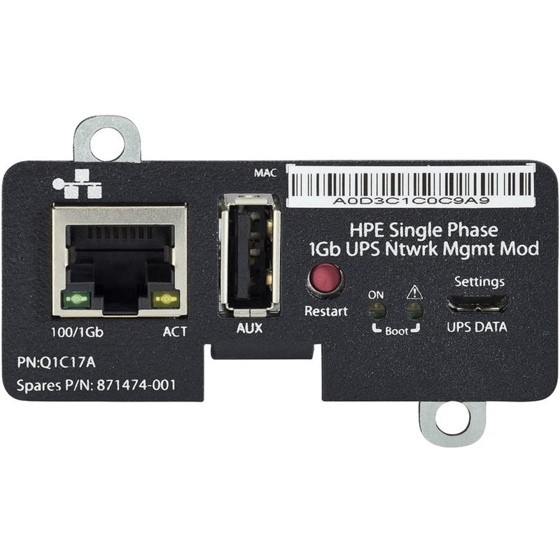 Front panel of HPE Single Phase 1Gb UPS Network Management Module showing Gigabit Ethernet port, AUX port, restart button, and status indicators