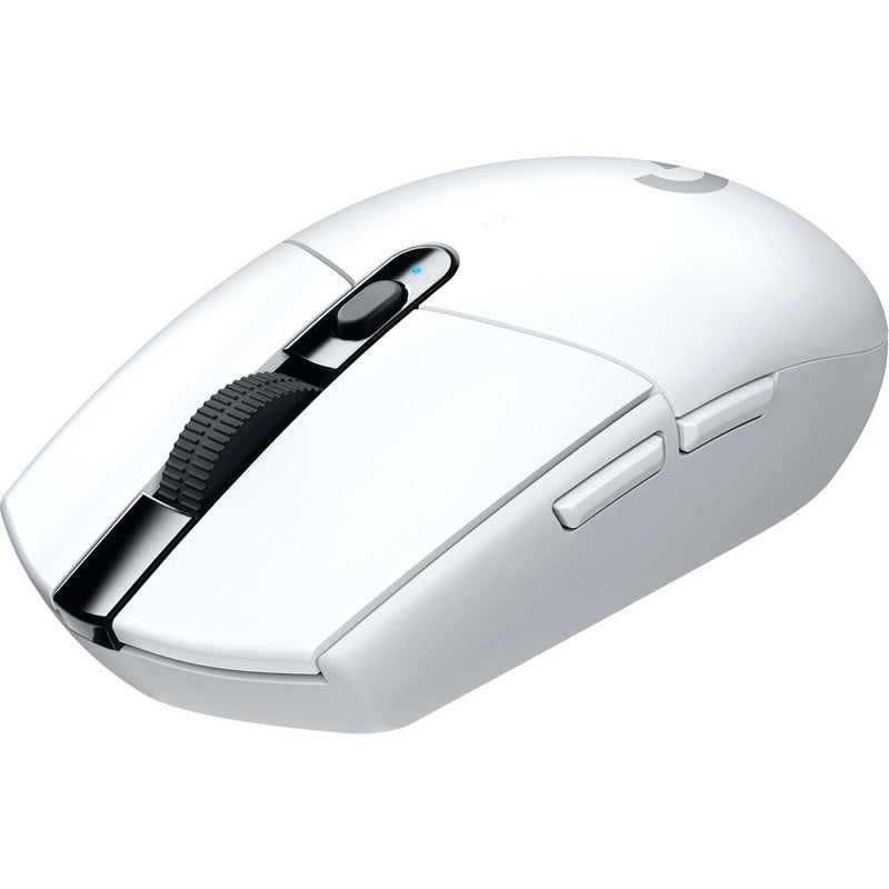 Angled view of white Logitech G305 wireless gaming mouse highlighting its streamlined design