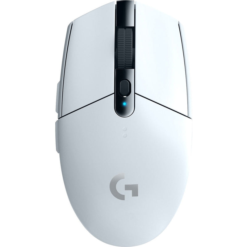 Top view of white Logitech G305 LIGHTSPEED wireless gaming mouse featuring black accents and LED indicator