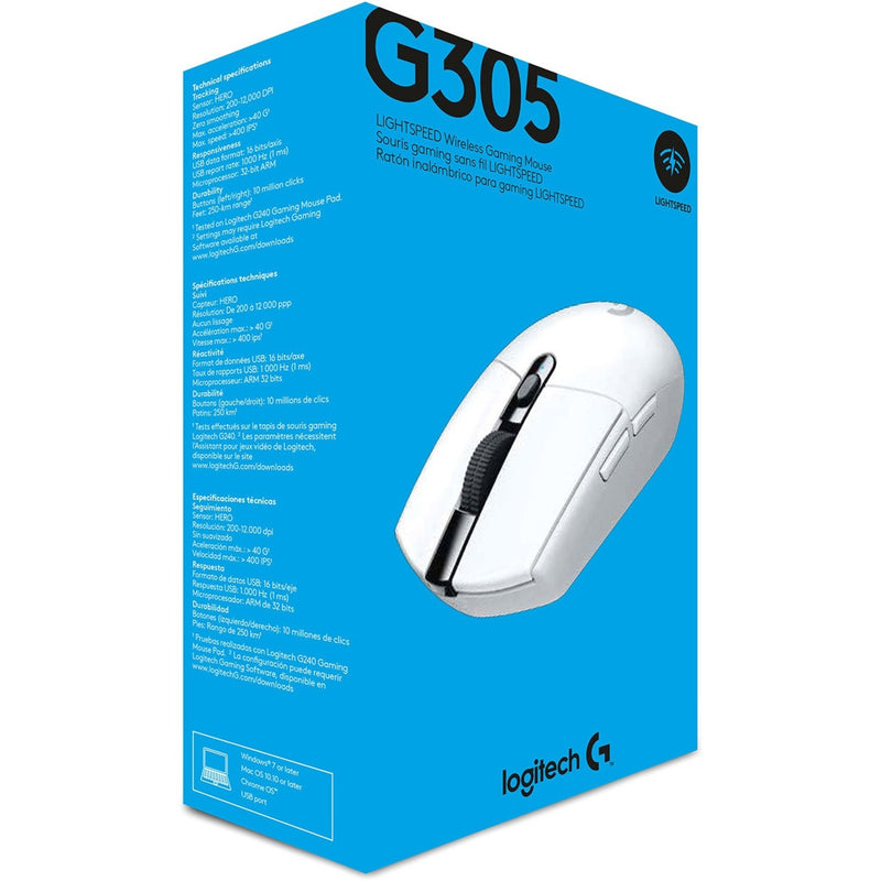 Retail packaging of Logitech G305 LIGHTSPEED wireless gaming mouse with product specifications