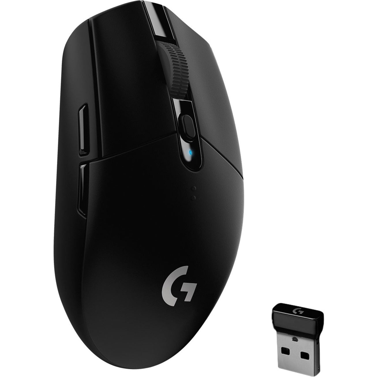 Logitech G305 wireless gaming mouse in black with USB receiver shown from side angle-alternate-image1