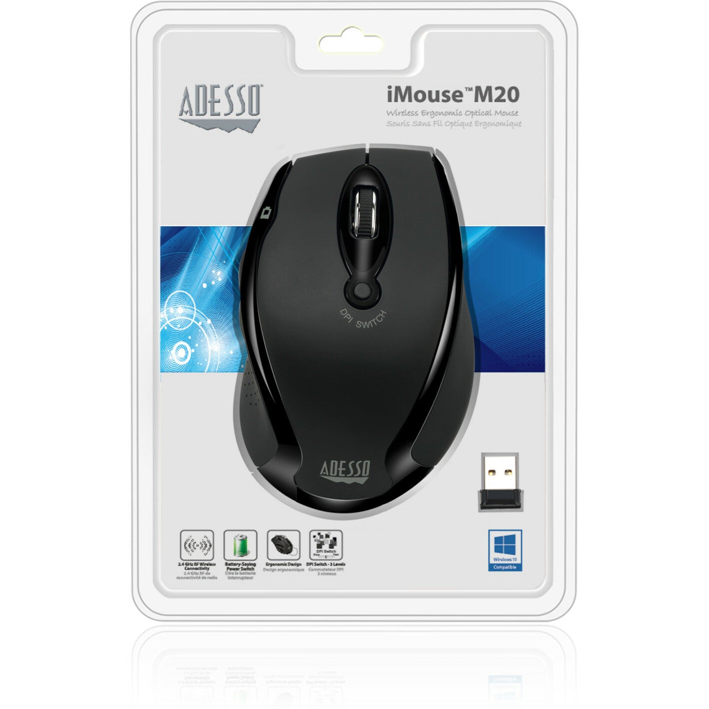 Adesso IMOUSE M20B Wireless Ergonomic Optical Mouse, 2.4 GHz Radio Frequency, 6 Buttons, 1500 dpi