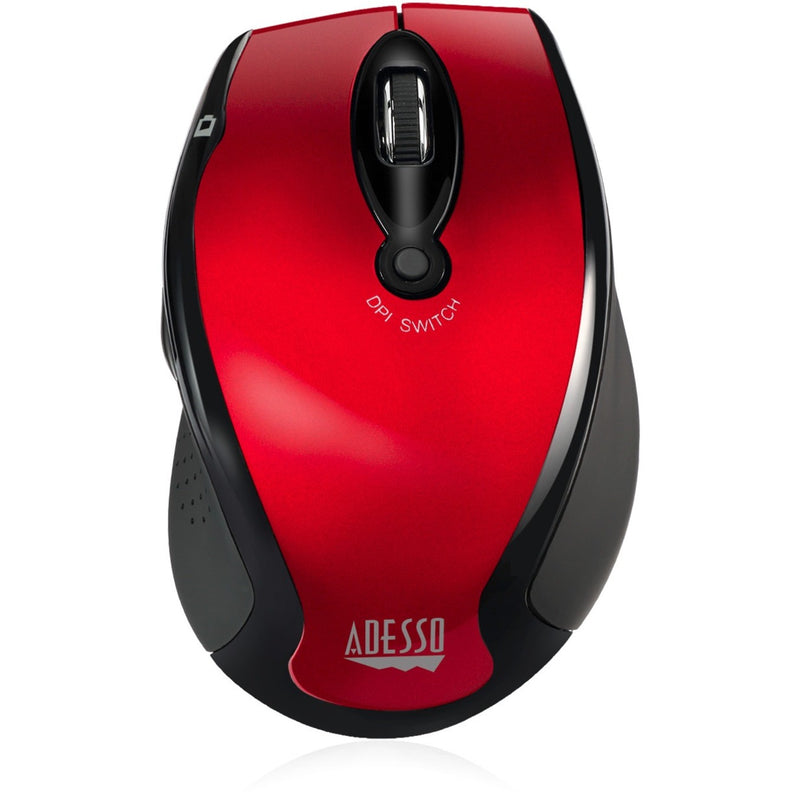 Top view of Adesso iMouse M20R wireless mouse in red and black with prominent DPI switch