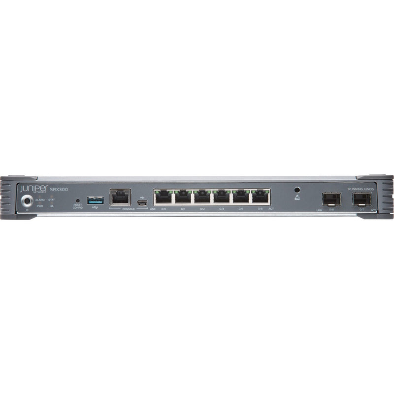 Close-up view of Juniper SRX300 router port layout showing labeled Ethernet ports and management interfaces