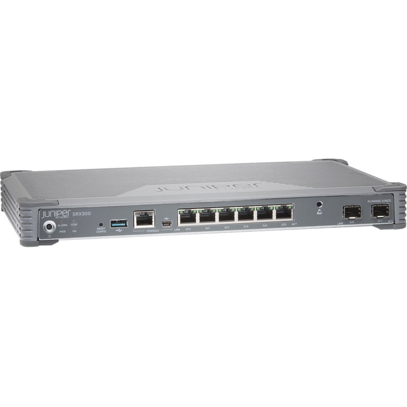 Angled view of Juniper SRX300 router showing compact design and port arrangement