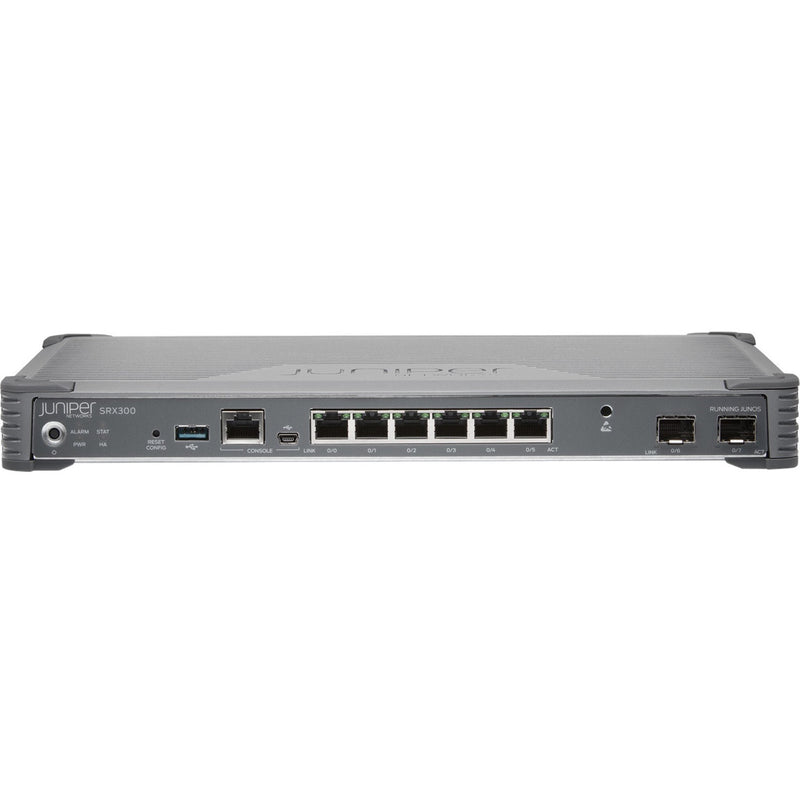 Front view of Juniper SRX300 router showing multiple Gigabit Ethernet ports, USB, console port, and status indicators