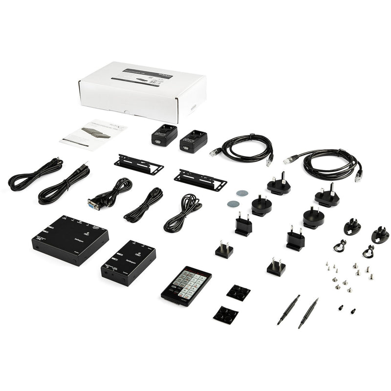 Complete package contents of HDMI over IP extender kit including accessories and mounting hardware