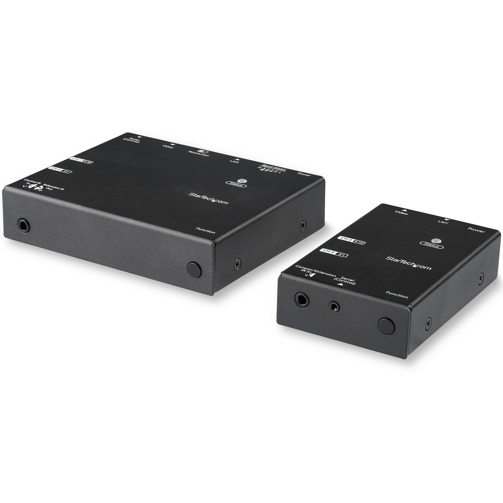 Top view of StarTech.com HDMI over IP extender transmitter and receiver units showing compact black enclosures-alternate-image1