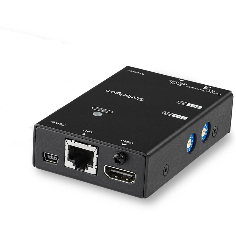 Front view of StarTech.com HDMI over IP receiver showing HDMI, network, and USB ports