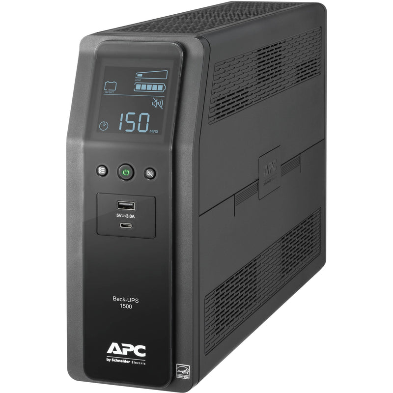 Angled view of APC Back-UPS Pro 1500VA showing design features and display panel