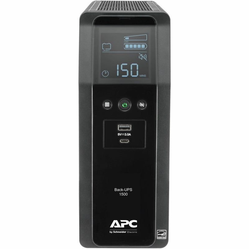 Front view of APC Back-UPS Pro 1500VA showing LCD display interface with battery status and runtime information