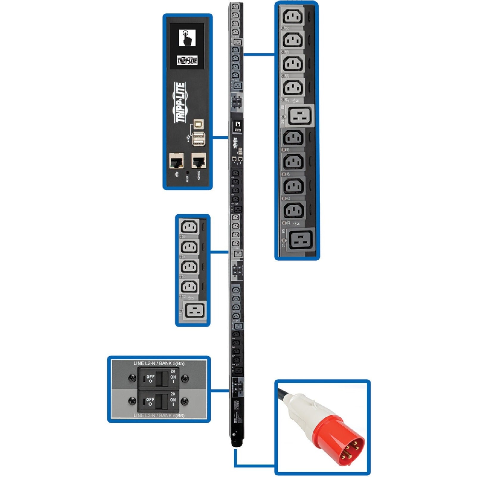 Detailed view of PDU3XEVSR6G63B showing network interface, outlet banks, and IEC 309 connector configuration-alternate-image1