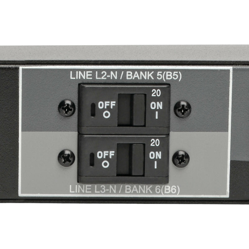 Close-up of PDU circuit breaker panel showing dual breaker configuration