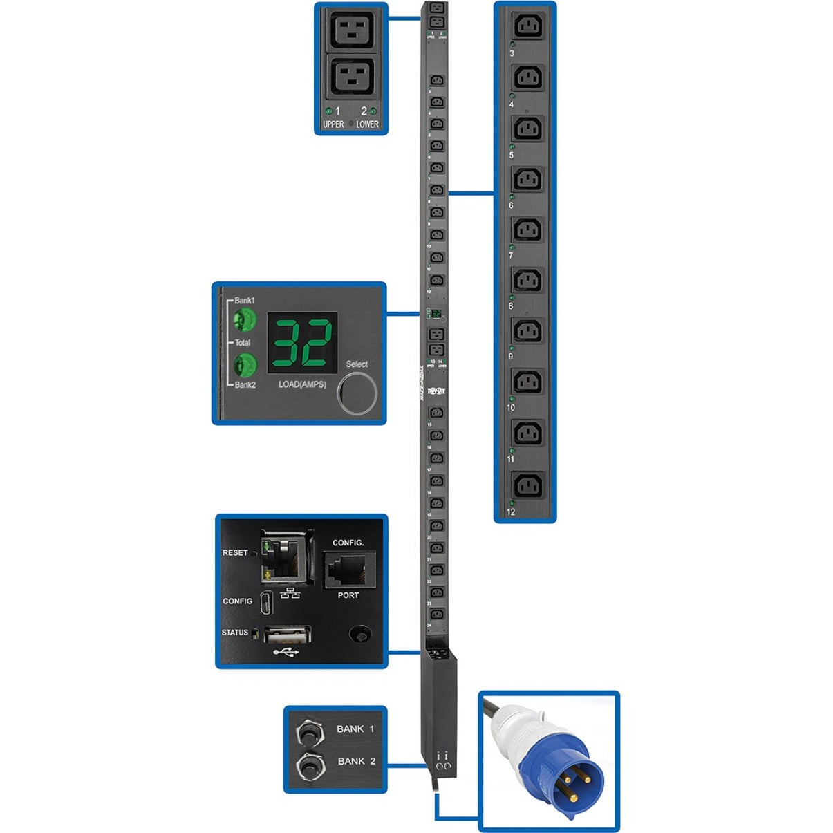 Detailed view of Tripp Lite PDU showing digital display, network interface, and multiple C13/C19 outlets with status indicators-alternate-image1