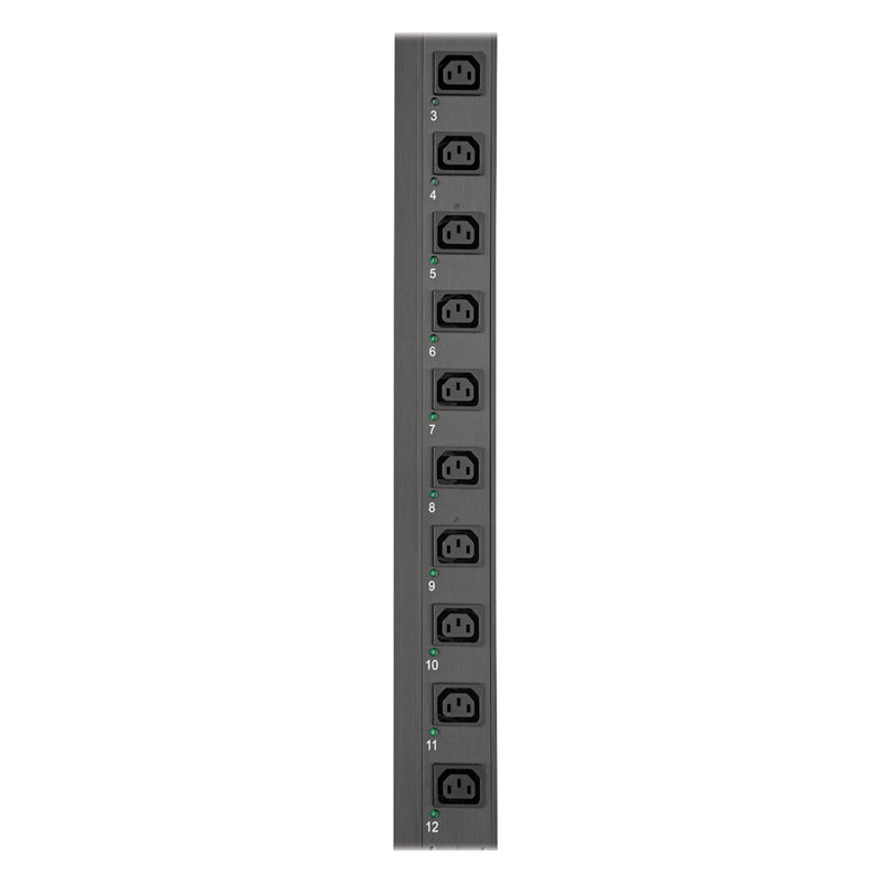 Vertical array of C13 and C19 outlets with individual status LEDs