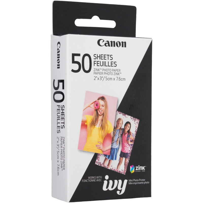 Canon ZINK photo paper package showing 50-sheet capacity for IVY mini printer with sample photo prints