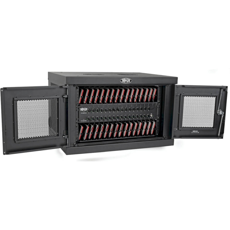 Interior view of Tripp Lite CSD32USB with doors open showing device organization system